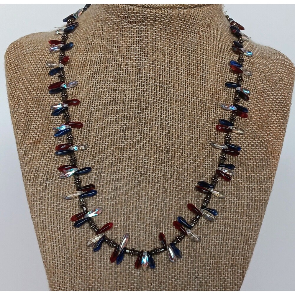 Artisan Sterling Silver Red Blue & AB Czech Glass Dagger Bead Necklace 18 in